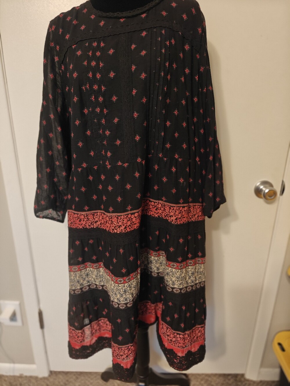 J.Jill peasant style boho ruffled midi dress Black Red XL Cotton